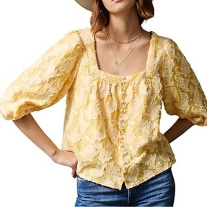 Anthropologie Yvonne Textured Square Neck Button Up Oversized Puff Sleeve Top